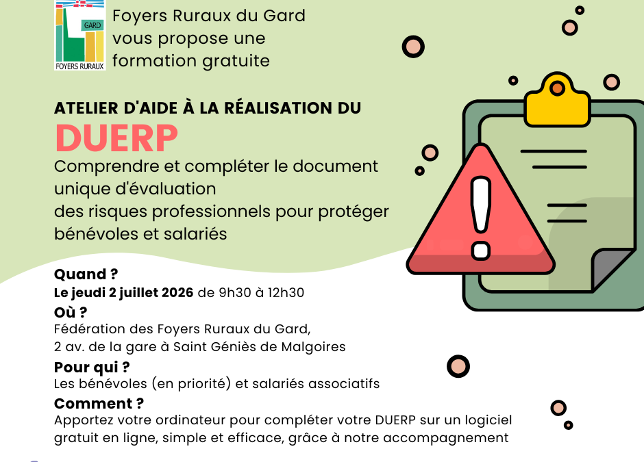 ATELIER DUERP LE 2 JUILLET 2026 DANS LES LOCAUX DES FOYERS RURAUX DU GARD